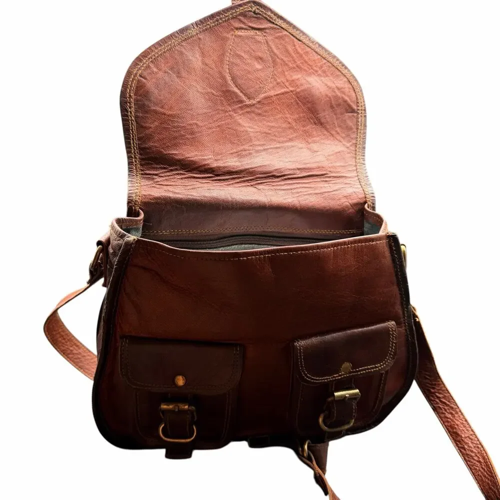 Firu Handmade Leather Crossbody Satchel Brown Buckle Messenger Bag